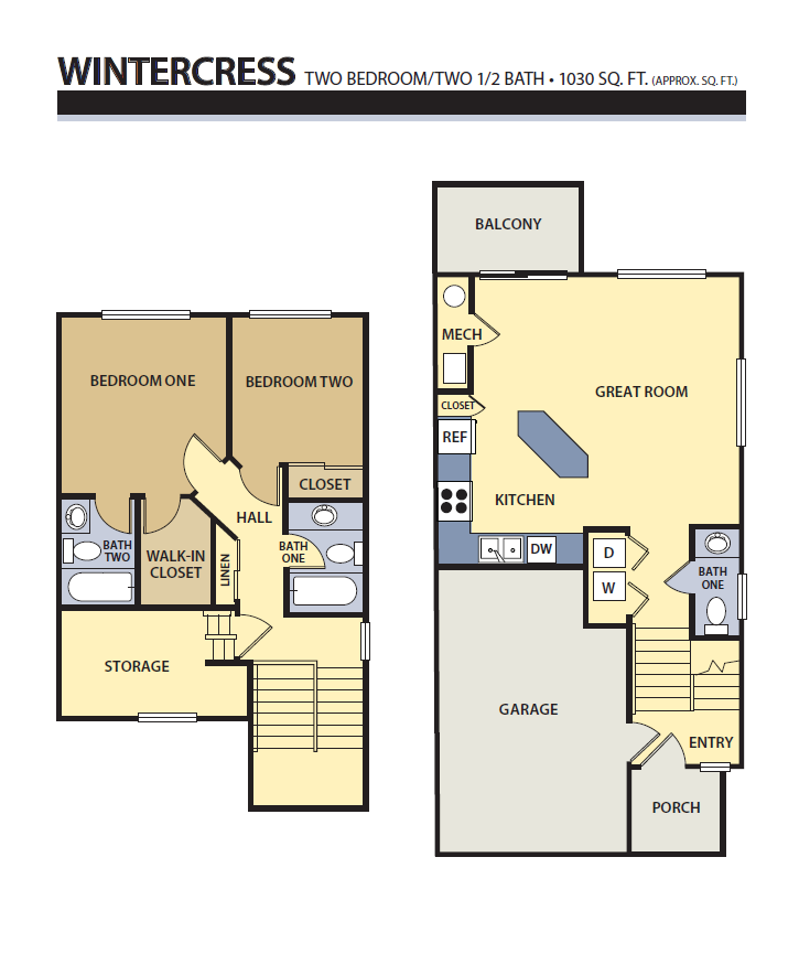 Floor plan for 2 beds, 2.5 baths, 1030 sqft